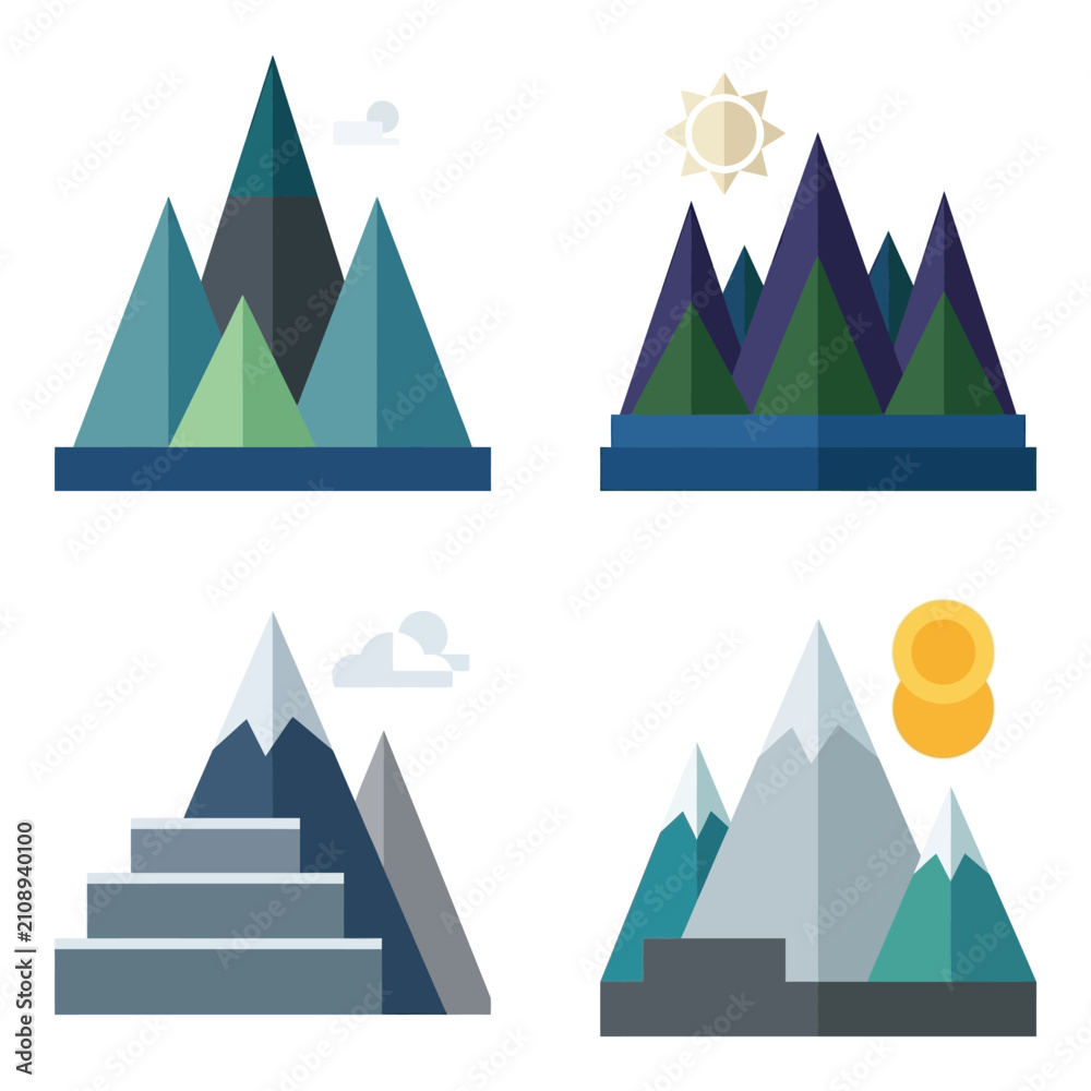 Fototapeta premium Flat design mountain landscape vector set with sun and clouds for outdoor adventure and travel themes