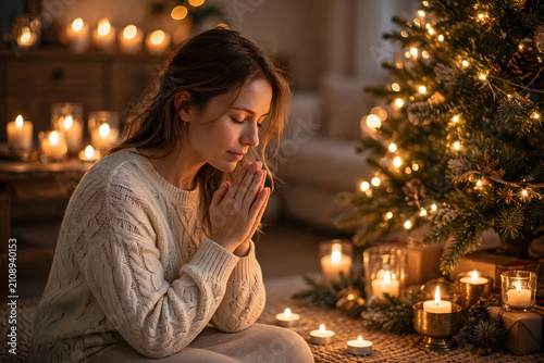 Serene Christmas Prayer: A christian woman in a cozy sweater kneels beside a warmly lit Christmas tree, her hands clasped in prayer, surrounded by a soft glow of candlelight.