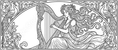 Fotografie Elegant Woman Playing Harp Amidst Floral Peacock Border