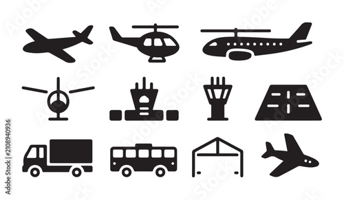 Aviation and airport icon collection with aircraft helicopters control towers buildings buses vehicles silhouette.