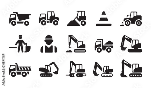 A set of construction and heavy equipment icons depicting various trucks, excavators, and workers.