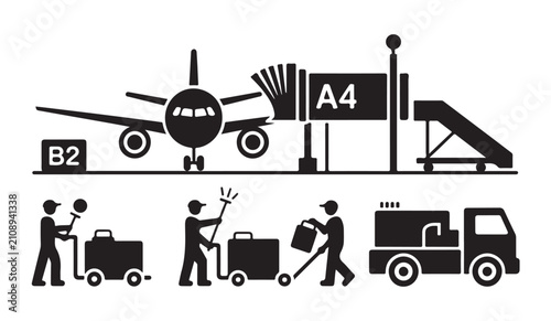 Airport apron activities illustration with aircraft passenger boarding bridge and ground crew workers scene.