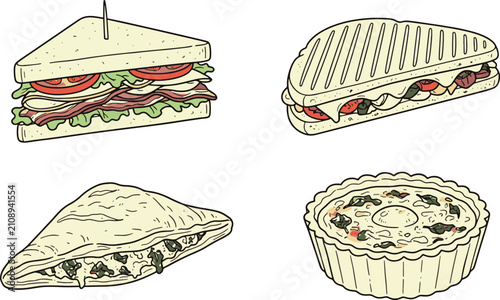 Obraz na plátne Set of appetizing lunch snacks including sandwiches paninis and quiche with sand