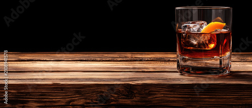 Glass of Whiskey with Ice and Orange Peel on Rustic Wooden Table