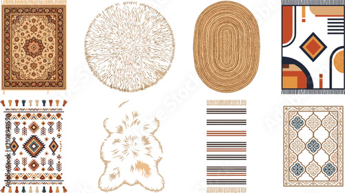 Fotografía Bohemian and Traditional Rug Vector Icon Set with Oriental Patterns and Animal H