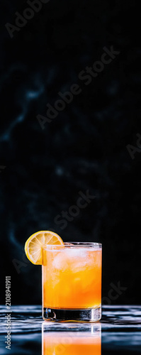Refreshing Citrus Beverage with Ice and Lemon Slice on Dark Background