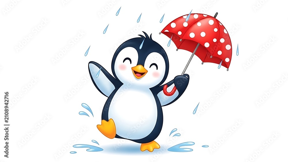 Fototapeta premium Cute cartoon penguin with red umbrella in the rain weather forecast white background umbrella splashing illustration character antarctic childish celebration wildlife isolated