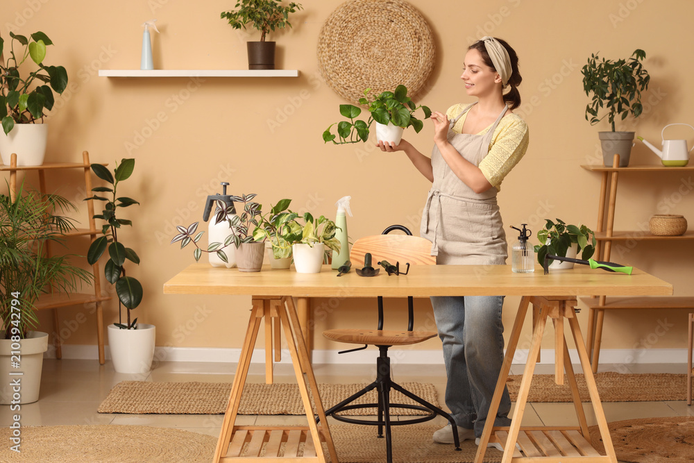 Obraz premium Young woman in apron caring for a houseplant on a wooden table in a bright room with other potted plants, She stands at a wooden table filled with various potted plants and gardening tools, including