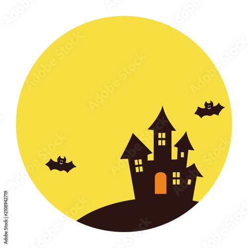Haunted house silhouette with full moon for Halloween on transparent background