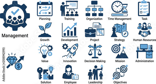 Corporate business management blue flat icon set featuring organizational workflows human resources and strategic leadership vectors