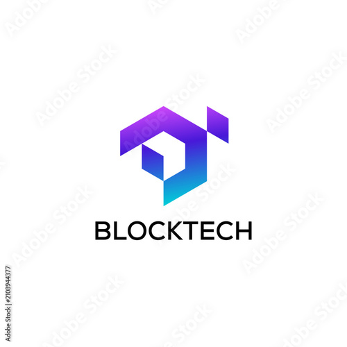 Blockchain Technology Icon and Logo Design with Hexagonal Ribbon