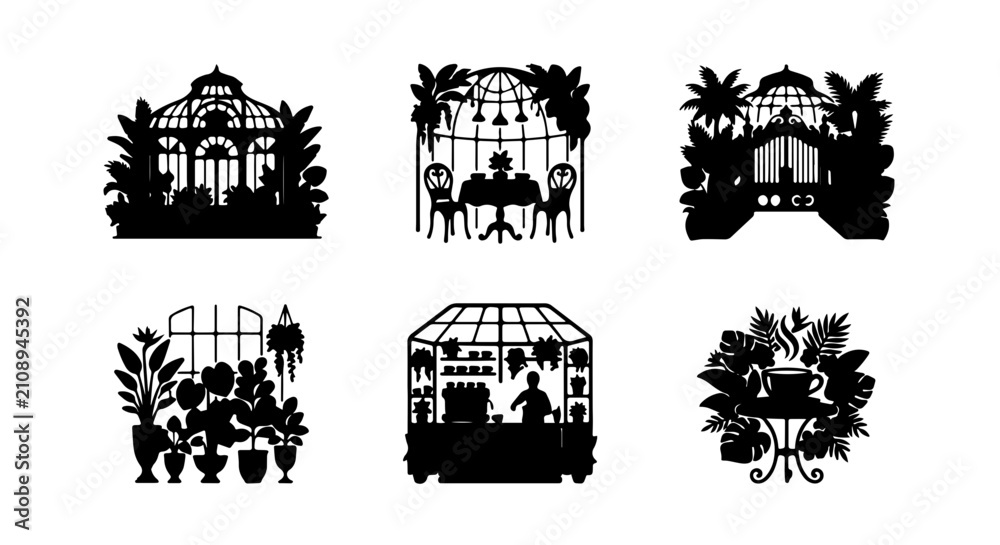 Fototapeta premium Victorian Greenhouse Silhouettes, Botanical Garden Icons, Conservatory Scenes, Tropical Plants, Elegant Architecture