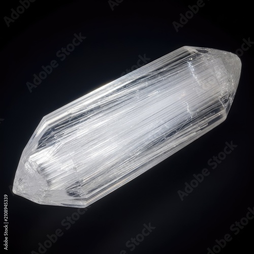 Macro photography of a translucent white ulexite crystal showing its natural fiber optic properties on a solid dark black background, sodium, specimen, geology