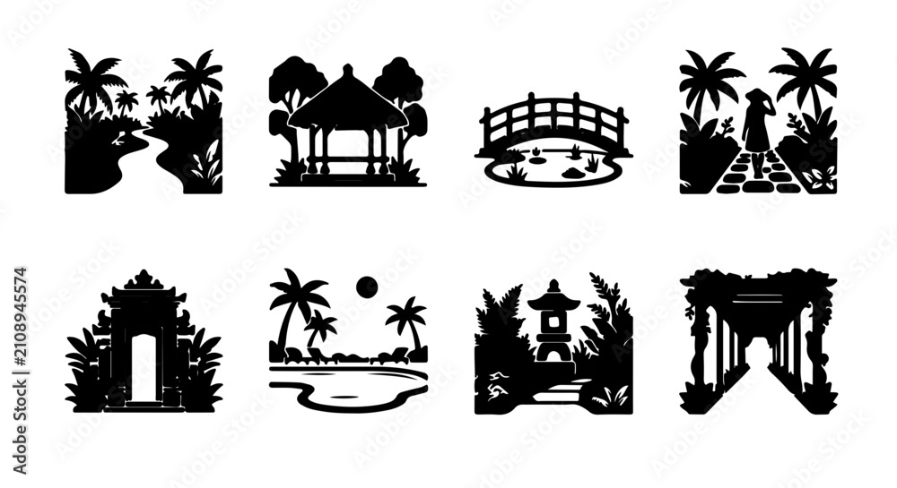 Fototapeta premium Tropical Garden Silhouettes, Asian Landscape Icons, Zen Park Elements, Exotic Nature Vector Set