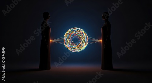 Two dark forms stand in a shadowy void as a brilliant, glowing sphere passes between them, representing a shared path of ambition and hope, inspiration, direction, support