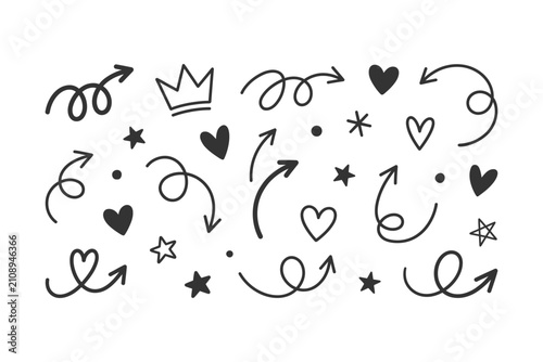 A charming collection of hand-drawn doodle elements including various arrows, hearts, stars, a crown, and dots on a white background. Perfect for design projects