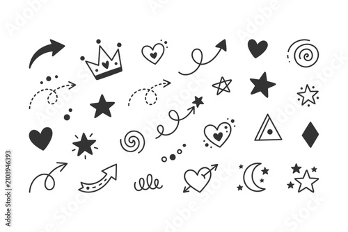 A collection of hand-drawn doodle elements including arrows, hearts, stars, a crown, and swirls. Perfect for adding a whimsical touch to designs