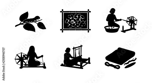 Bild auf Leinwand Silk Production Icons: Mulberry Leaves, Silkworm, Spinning Wheel, Weaving Loom,