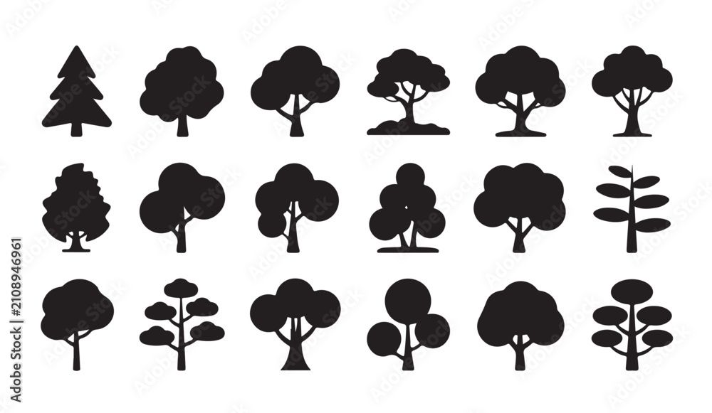 Obraz premium Collection of stylized tree silhouettes for nature and park designs.
