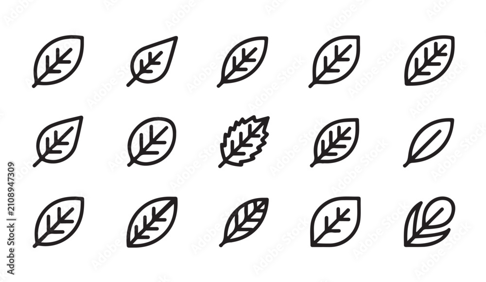 Fototapeta premium Detailed leaf outline icons with internal vein structures for comprehensive nature and botanical graphics.