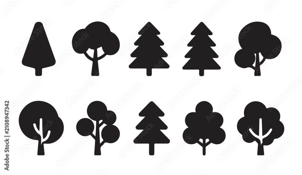 Obraz premium Set of various tree silhouette vector icon designs for nature and forest concept illustration.