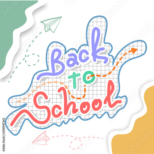 Creative Back to School typography vector design featuring colorful handwritten text on grid paper badge, paper airplanes, and clean white background with pastel paper cut corners.
