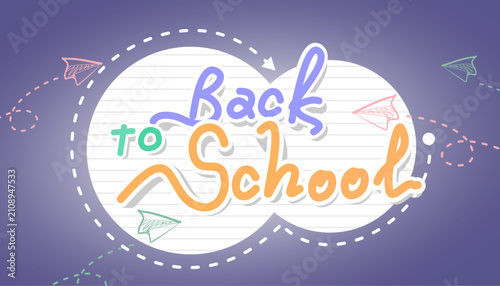 Creative Back to School typography banner design featuring colorful handwritten text on a white lined paper badge, flying paper airplanes, and purple background. Ideal for school admission banners.