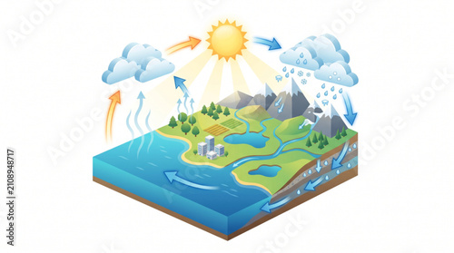 Complete Hydrological Cycle Illustration with Natural Water Processes