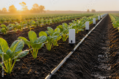 Smart farming sensors in a vegetable crop field at sunrise