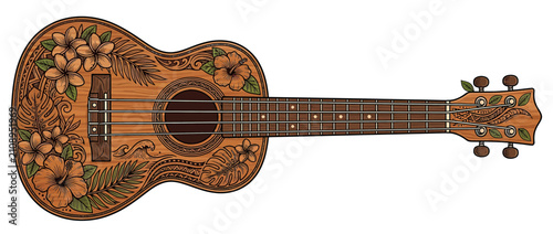 Картината върху платно Ornate Wooden Ukulele with Floral Engravings