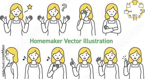 фотографія Homemaker character expressions bundle featuring woman in apron with domestic ch