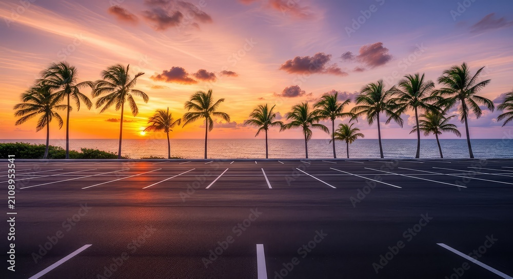Obraz premium An empty asphalt parking lot overlooks a calm blue ocean under a vibrant sunset sky with tall tropical coconut palm trees on the edge, beach, exotic, dusk