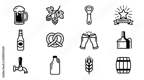 Foto Beer Icons Set: Mug, Hops, Bottle Opener, Premium Star, Bottle, Pretzel, Cheers
