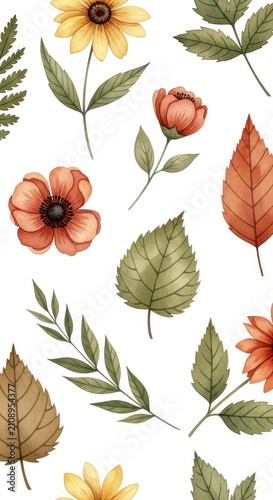 Elegant seamless autumnal pattern featuring vintage watercolor flowers and botanical leaves in warm earthy tones for rustic decor and fabrics, herbs, dried flowers, textile