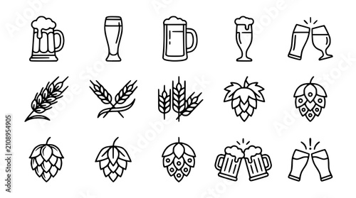 Foto Beer Icons: Mugs, Glasses, Hops, and Wheat Ears Line Art Set