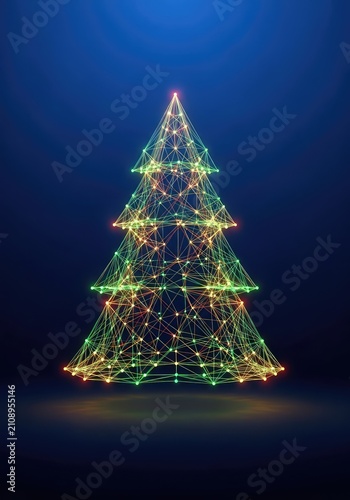 Modern low poly Christmas tree created from a network of glowing lines and dots on a deep blue gradient background for holiday celebrations, background, digital, network
