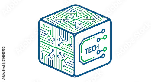 Isometric tech cube with circuit lines and text