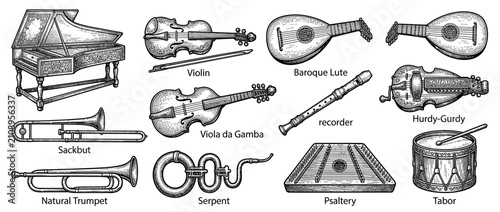 Bild auf Leinwand Collection of Vintage Musical Instruments Sketch
