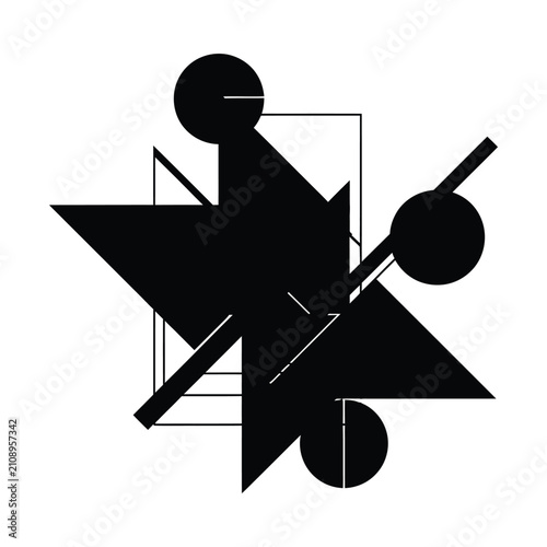 Abstract geometric vector composition, minimalist black and white constructivist art, modern avant-garde graphic design element with sharp angles and circles for branding