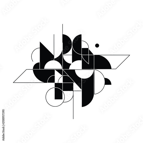 Minimalist geometric abstract vector illustration, modern black and white composition of circles and lines, contemporary architectural art element for branding and logo design