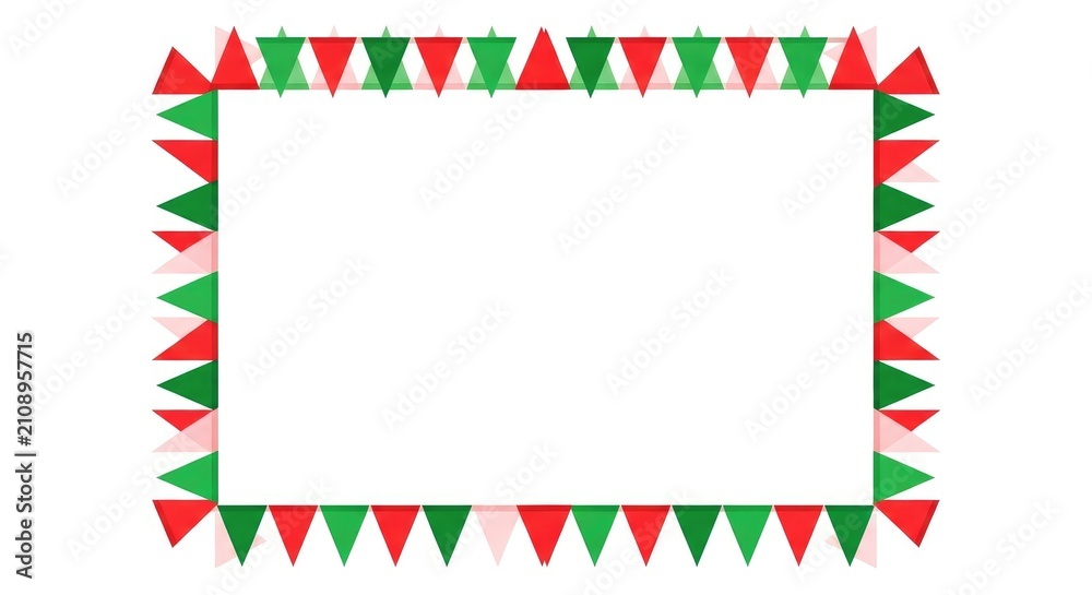 Fototapeta premium Rectangular frame made of alternating red and green triangular bunting flags on a white background, christmas or holiday cards