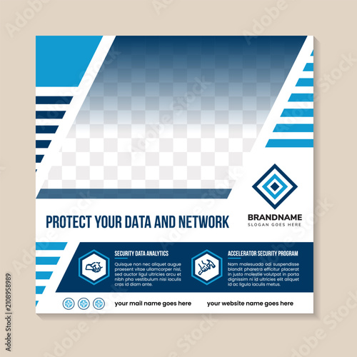 Security technology template vector for social media post. the example of headline this poster is protect your data and network. diagonal space for photo with transparency blue gradient color. 