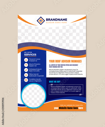 this your roof advisor manages flyer template, perfect for contractors aiming to build trust and attact clients. space for photo collages. combination orange and blue colors template.