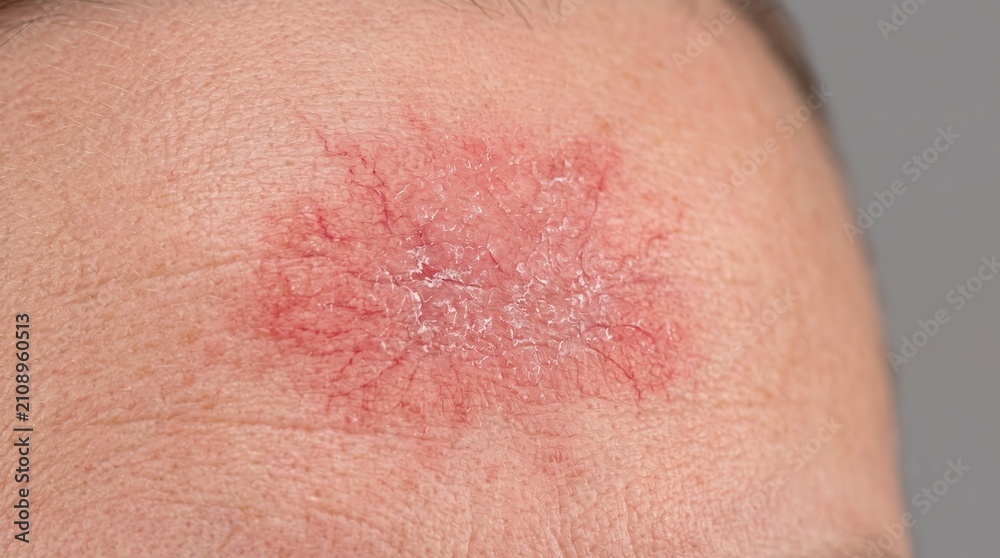 Fototapeta premium Close-Up of Inflamed Discoid Eczema and Red Scaling Patch on Forehead