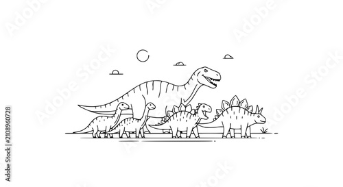 Fotografía Cute Dinosaur Family Line Art Illustration: Tyrannosaurus Rex, Stegosaurus, and