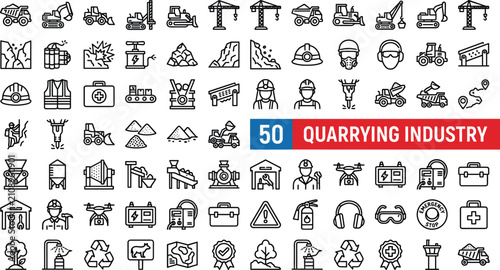 Foto Quarrying and open pit mining industry line icons vector set with safety equipme