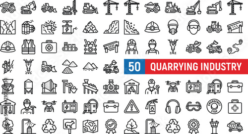 Foto Quarrying industry line icon set with mining equipment heavy machinery construct
