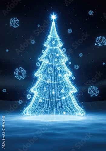 A glowing holographic Christmas tree constructed from blue data streams stands in a snowy night landscape with geometric digital snowflakes, snowflake, decoration, season