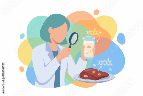 Nutritionist Comparing Nutrients in Soy Milk and Meat Vector