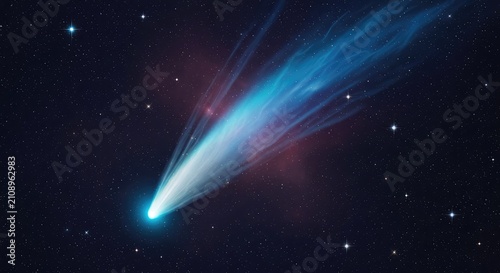 A majestic comet streaks across a dark night sky filled with shimmering stars and ethereal wispy clouds in a breathtaking cosmic display, orbital, mystical, astronomy